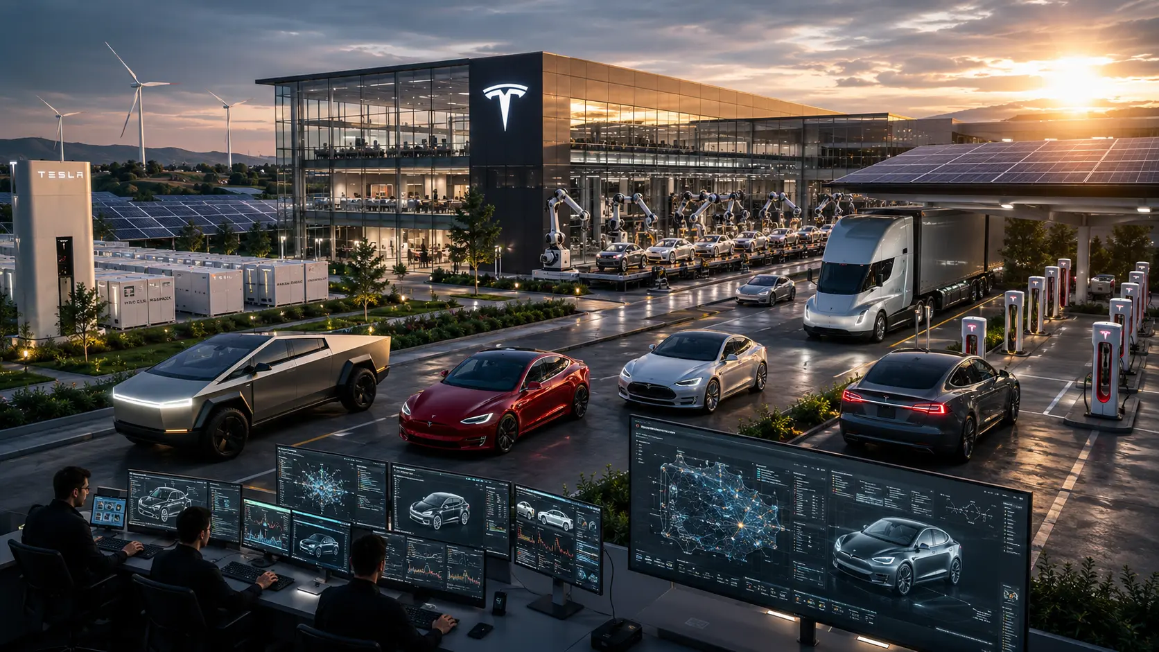 Tesla company technology ecosystem featuring electric vehicles, artificial intelligence, autonomous driving, robotics, and renewable energy innovation in the USA