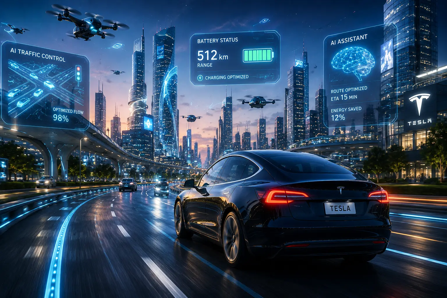 Tesla company technology ecosystem featuring electric vehicles, artificial intelligence, autonomous driving, robotics, and renewable energy innovation in the USA