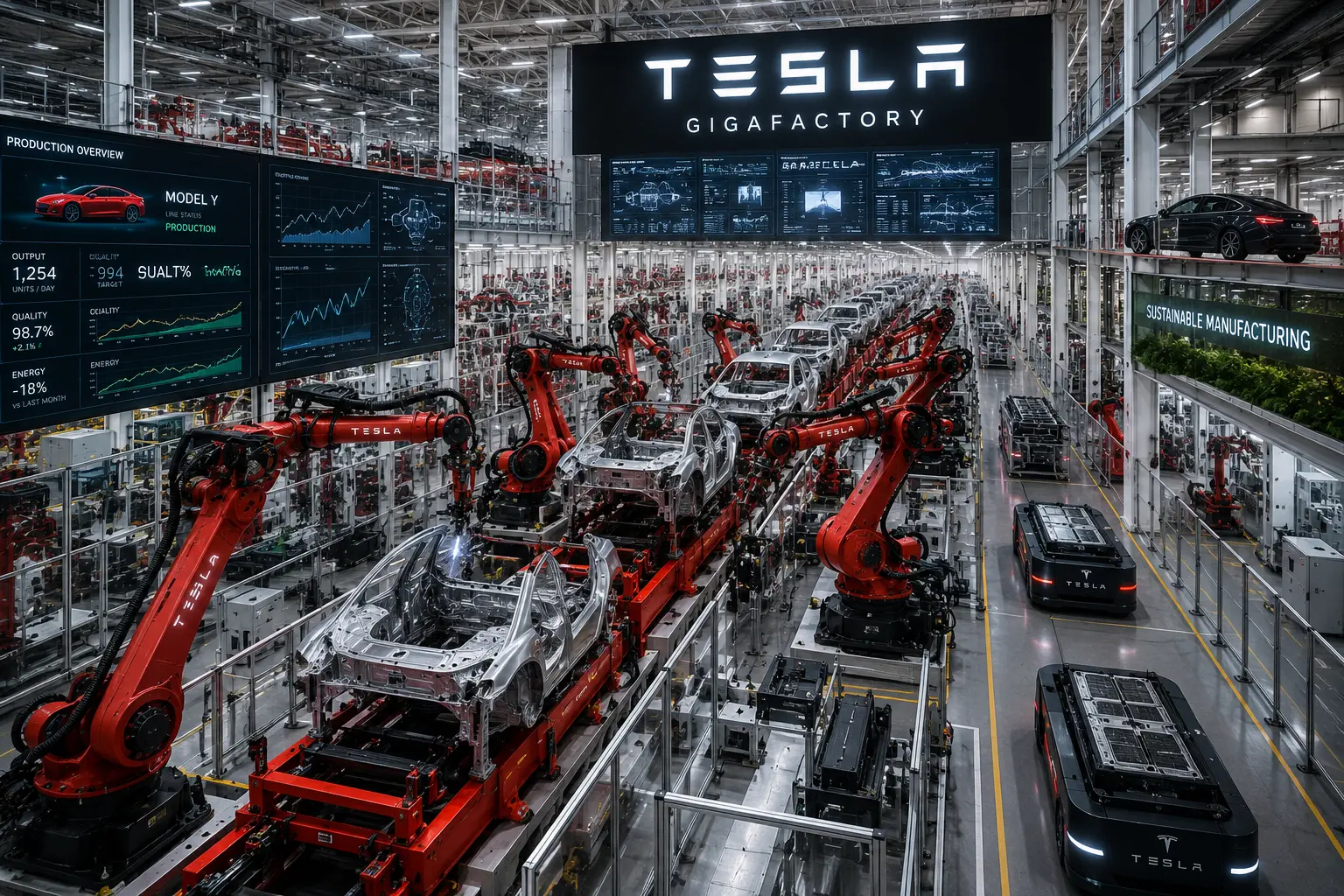 Tesla company technology ecosystem featuring electric vehicles, artificial intelligence, autonomous driving, robotics, and renewable energy innovation in the USA