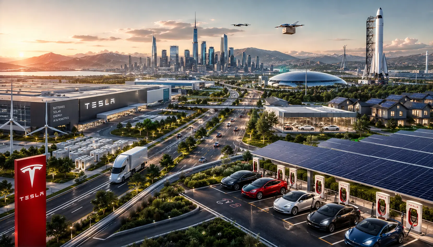 Tesla company technology ecosystem featuring electric vehicles, artificial intelligence, autonomous driving, robotics, and renewable energy innovation in the USA