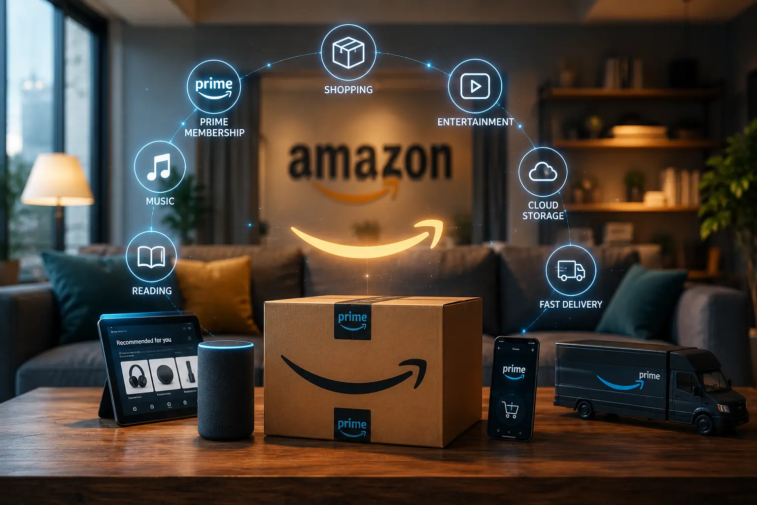 Amazon technology ecosystem featuring AWS cloud computing, artificial intelligence, e-commerce, logistics, smart devices, and enterprise innovation driving digital transformation in the United States