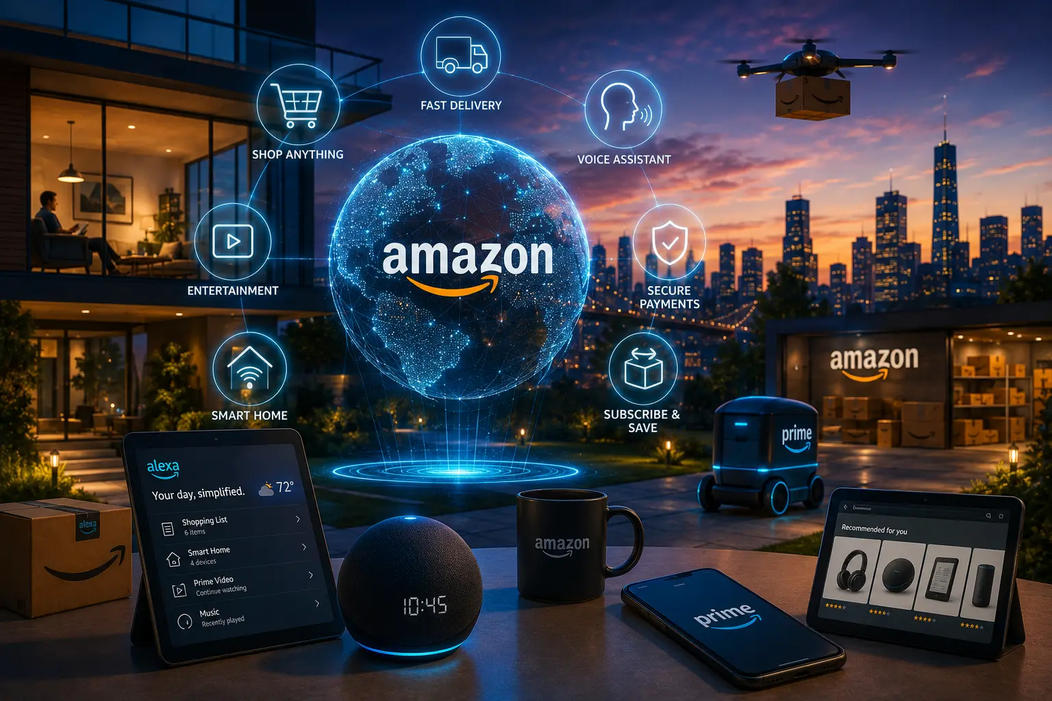 Amazon technology ecosystem featuring AWS cloud computing, artificial intelligence, e-commerce, logistics, smart devices, and enterprise innovation driving digital transformation in the United States