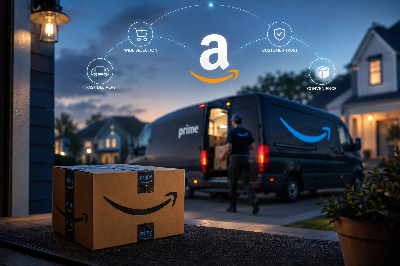 Amazon technology ecosystem featuring AWS cloud computing, artificial intelligence, e-commerce, logistics, smart devices, and enterprise innovation driving digital transformation in the United States
