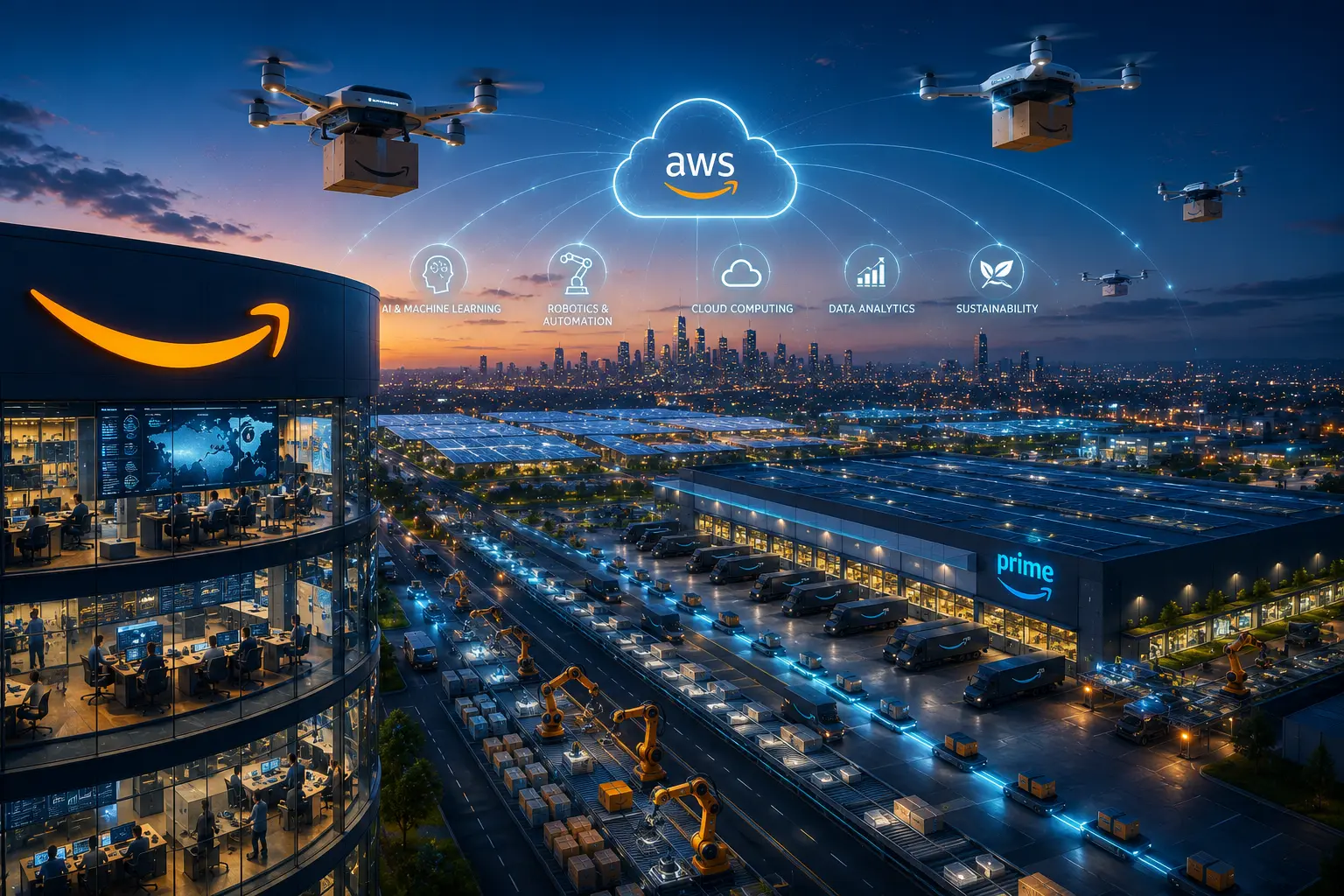 Amazon technology ecosystem featuring AWS cloud computing, artificial intelligence, e-commerce, logistics, smart devices, and enterprise innovation driving digital transformation in the United States