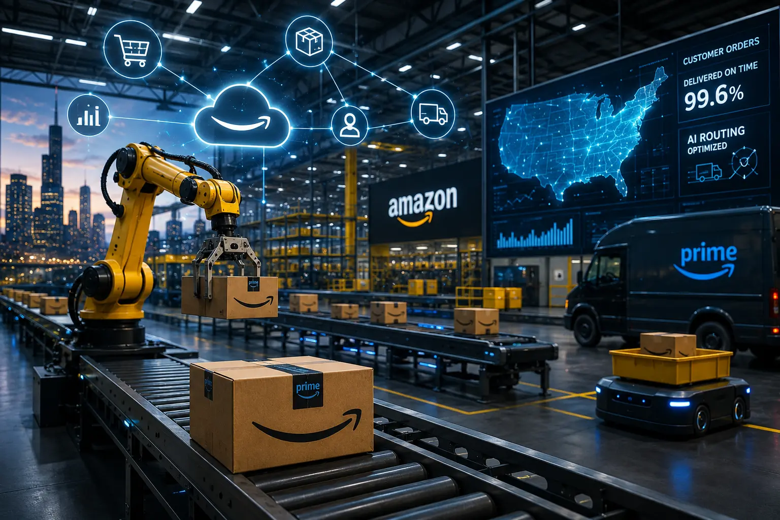 Amazon technology ecosystem featuring AWS cloud computing, artificial intelligence, e-commerce, logistics, smart devices, and enterprise innovation driving digital transformation in the United States