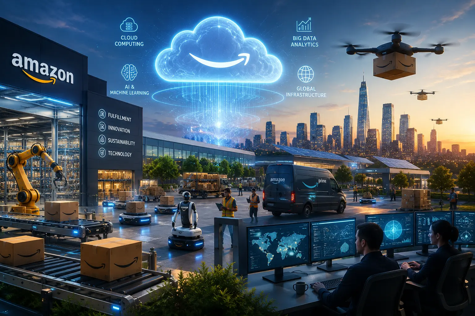 Amazon technology ecosystem featuring AWS cloud computing, artificial intelligence, e-commerce, logistics, smart devices, and enterprise innovation driving digital transformation in the United States