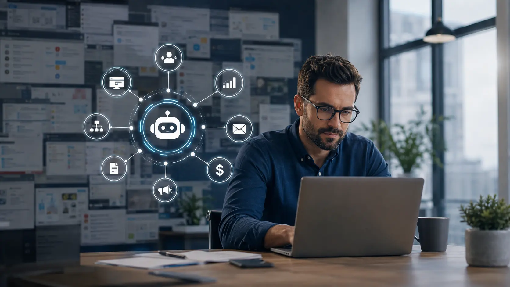 Small U.S. business owner using an integrated AI software stack for productivity and automation