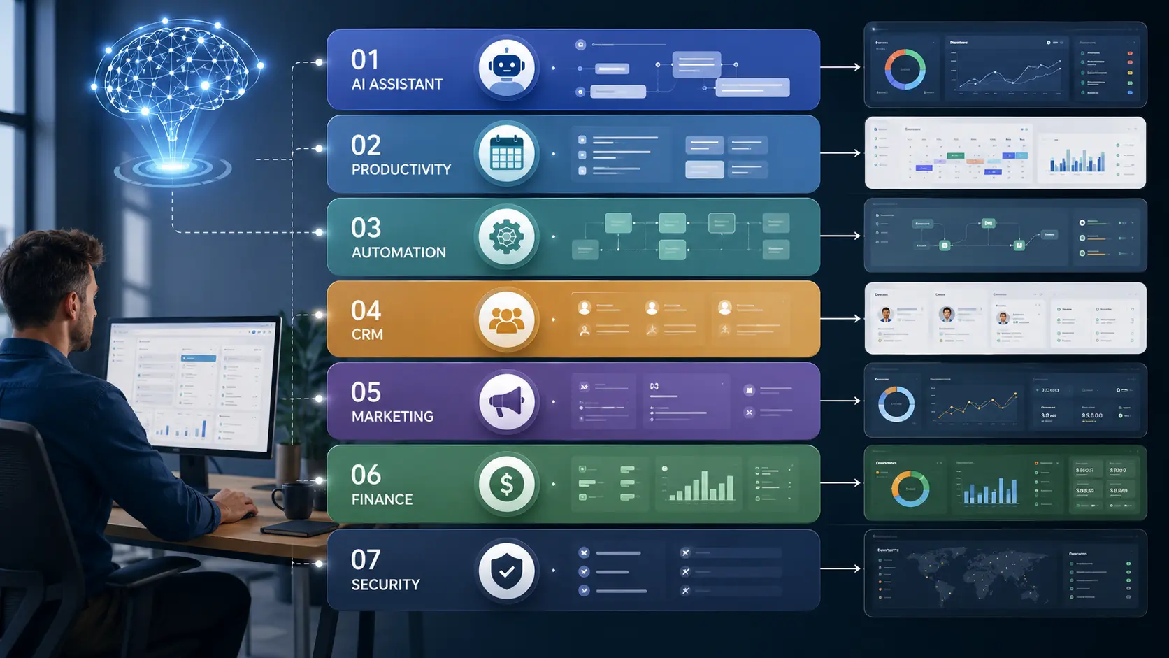 Small U.S. business owner using an integrated AI software stack for productivity and automation