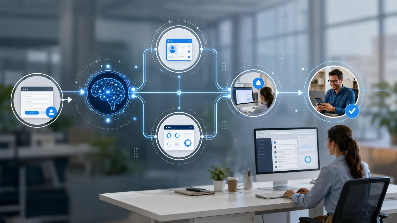 Small U.S. business owner using an integrated AI software stack for productivity and automation