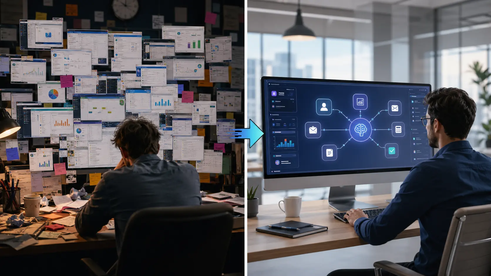 Small U.S. business owner using an integrated AI software stack for productivity and automation