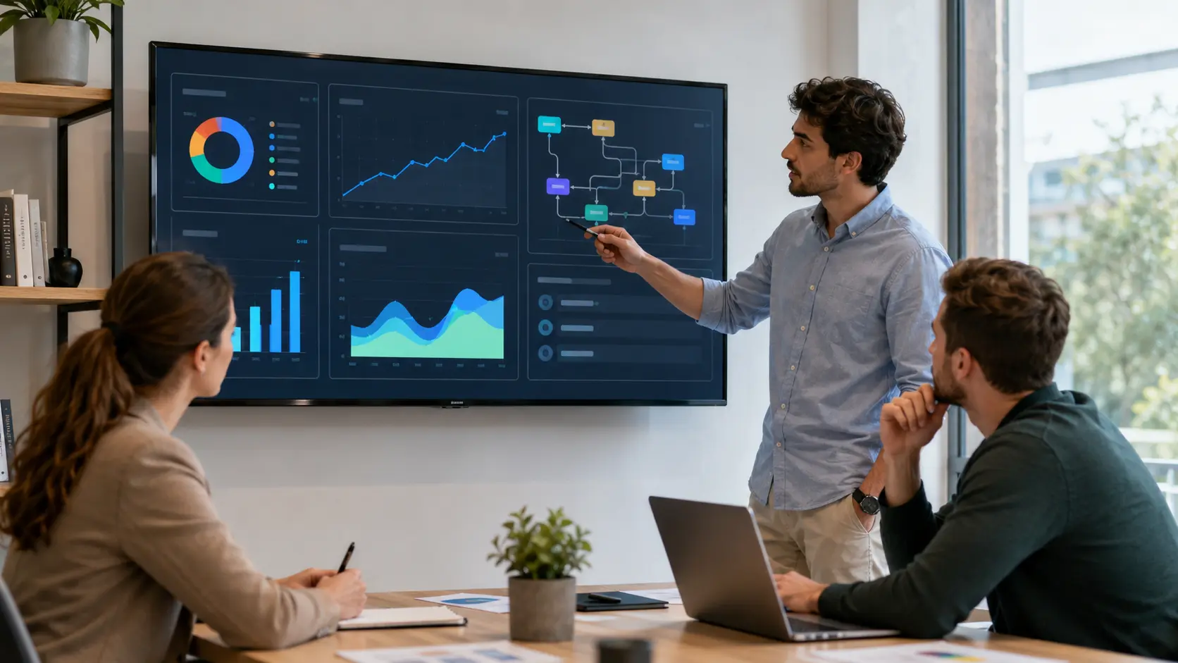 Small U.S. business owner using an integrated AI software stack for productivity and automation